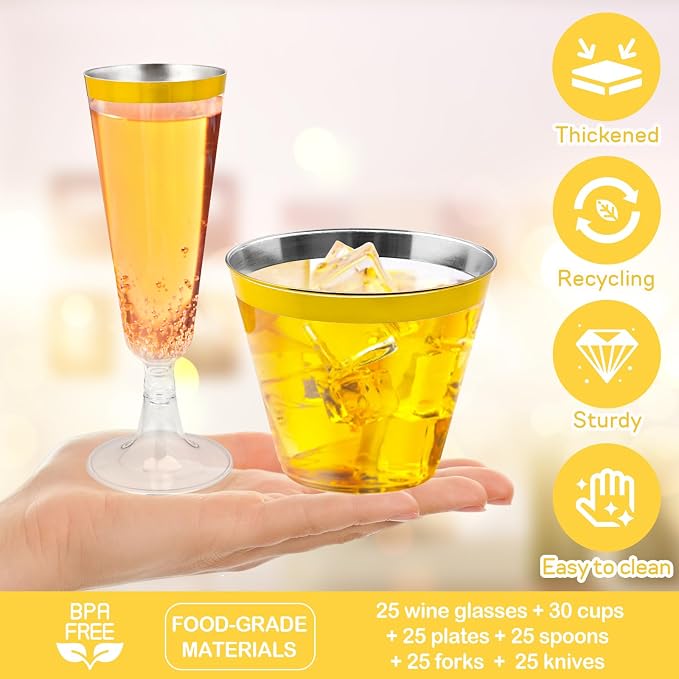 150PCS Gold Plastic Plates Set for 25 Guests, Disposable Dinnerware Set of 25 Small Dessert Plates 7.5", Cups 9" ,Champagne Flutes Cups 5", Spoons, Forks, Knives for Birthday Wedding & Party Supplies