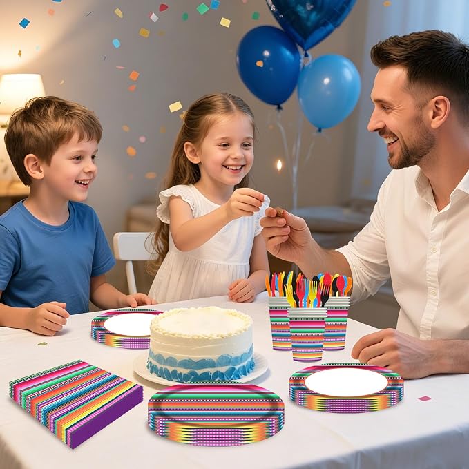 140PCS Mexican Serape Fiesta Plates and Napkins Set, Fit Mexican Themed Paper Dessert Plates, Taco Colorful Stripes Pinata Ponchos Platters Dance Party, Serves 20 Guests