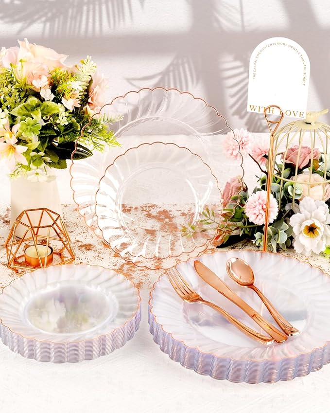 YOUBET 100PCS Rose Gold Plastic Plates - Heavy Duty Scalloped Disposable Plates Include 50 Dinner Plate, 50 Dessert Plate for Wedding & Baby Shower & Party