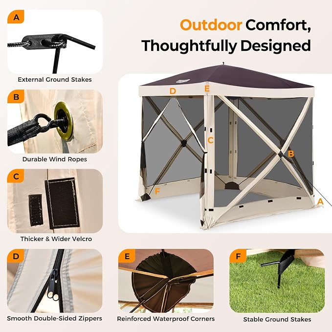 Tecoom 6x6ft 4-Sided Pop Up Gazebo Tent, Canopy Shelter Tent with Mesh Windows for Camping, Portable Shade Tents with Siedwalls, Carrying Bag and Stakes for Outdoor, Garden, Lawn, and Backyard