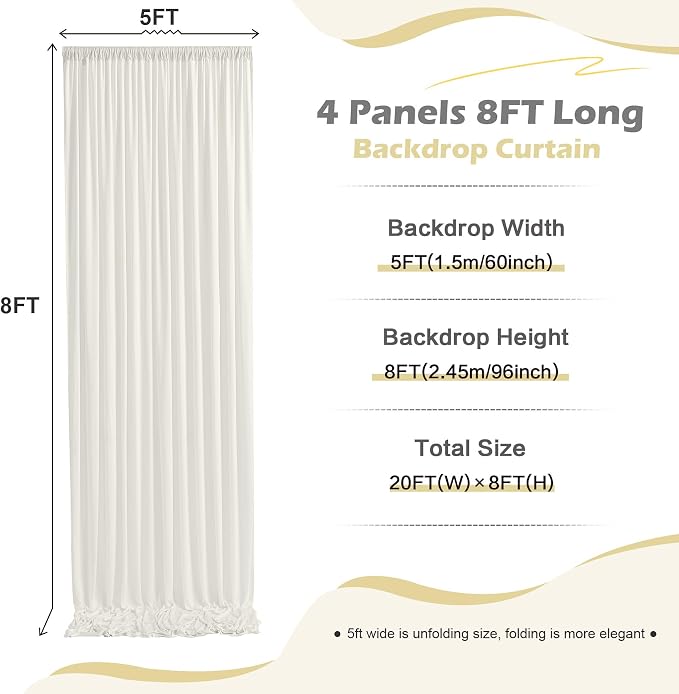 20ft x 8ft Wrinkle Free Ivory Backdrop Curtain for Parties, 4 Panels 5x8ft Silky Polyester Ivory Wedding Backdrop Drapes Photo Back Drop Cloth for Birthday Baby Shower Photography Background