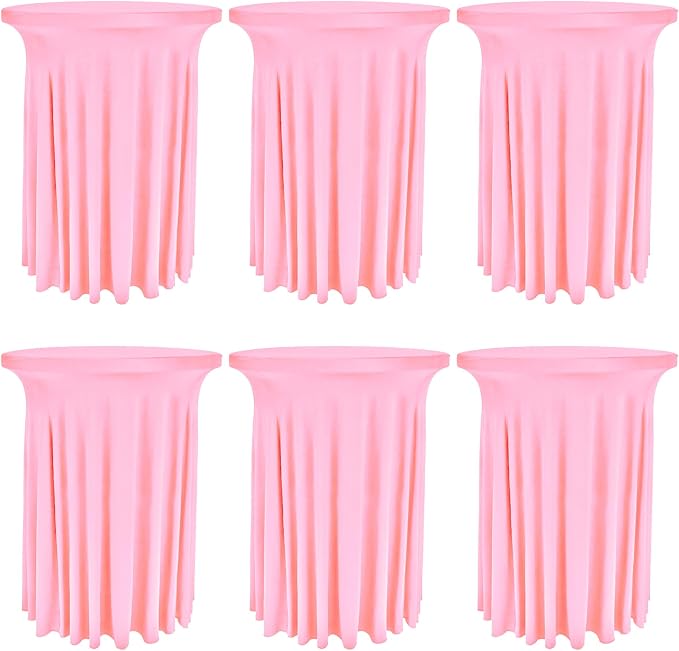 6 Pack Round Cocktail Tablecloth 32"x 43" Spandex Cocktail Table Skirt, Washable Stretch Fitted Table Covers for High Top Bar, Wedding, Party, Events (Pink)