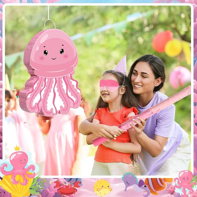 Blosssound Jellyfish Piñata Under the Sea Party Decorations Supplies Cute Pink Piñata Set with Stick Blindfold for Ocean Mermaid Theme Birthday Baby Shower Wedding Celebration Decorations(Jellyfish)
