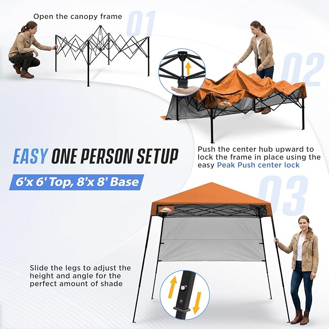 EAGLE PEAK 8x8 Pop Up Canopy Tent with Sidewall, Compact, Portable Slant Leg Instant Sun Shelter for Beach, Sports, & Camping, 8x8 Base 6x6 Top, Orange