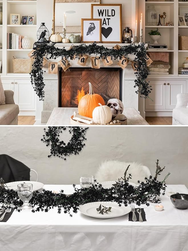 RECUTMS Black Artificial Flowers Black Eucalyptus Garlands Spring Garland Greenery Vines with Flowers Fake Floral Greenery for Halloween Home Backdrop Wall Fall Decor