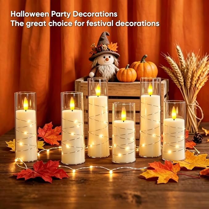 Raycare Flameless Candle with Remote Timer, 18 Flickering Acrylic Battery Operated LED Pillar Candles with Embedded Star String for Home Decor(Ivory)