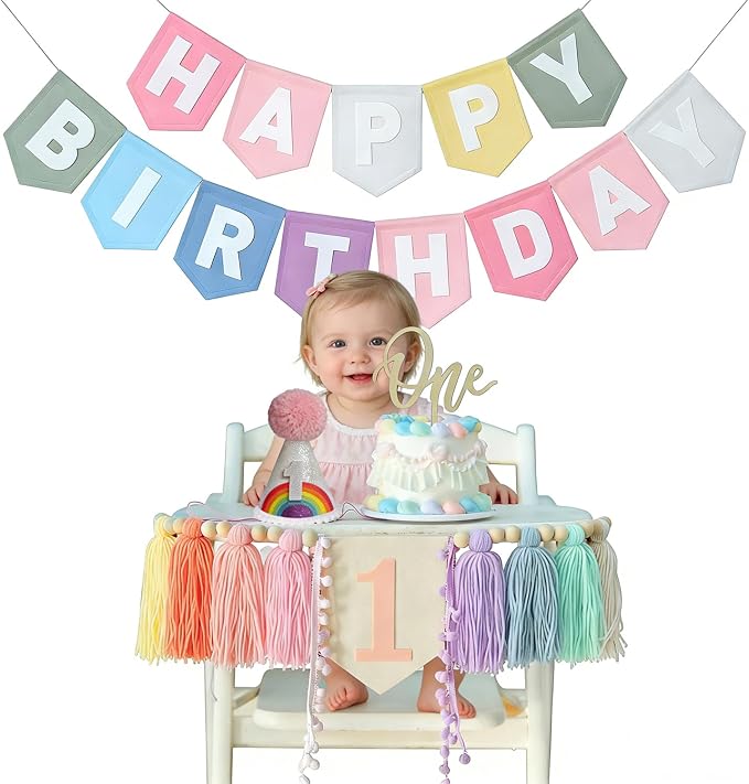 Pastel Rainbow 1st Birthday High Chair Decorations- Boho Macaron Felt Happy Birthday Banner First Birthday Highchair Banner With One Cake Topper & Party Hat, 1st Birthday Party Decorations