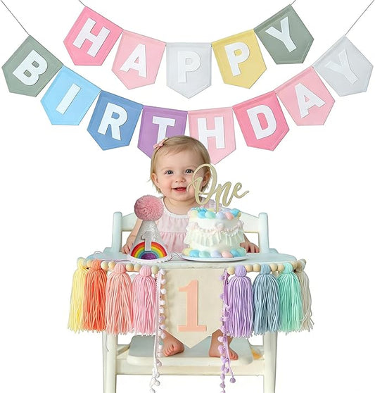 Pastel Rainbow 1st Birthday High Chair Decorations- Boho Macaron Felt Happy Birthday Banner First Birthday Highchair Banner With One Cake Topper & Party Hat, 1st Birthday Party Decorations
