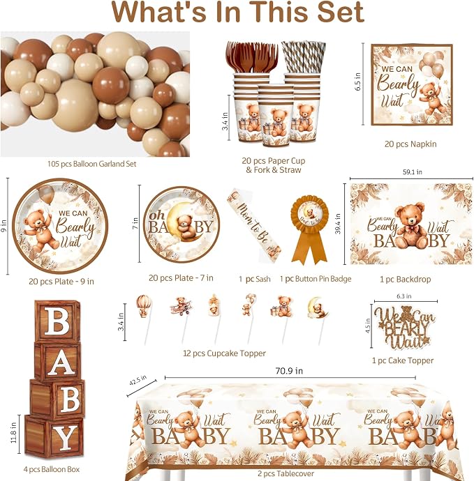 249 Pcs Bearly Wait Baby Shower Decorations, Brown Netural Balloon Arch Kit We Can Barely Wait Banner Plates and Napkin Set with Tablecloth Bear Baby Shower Decorations Brown
