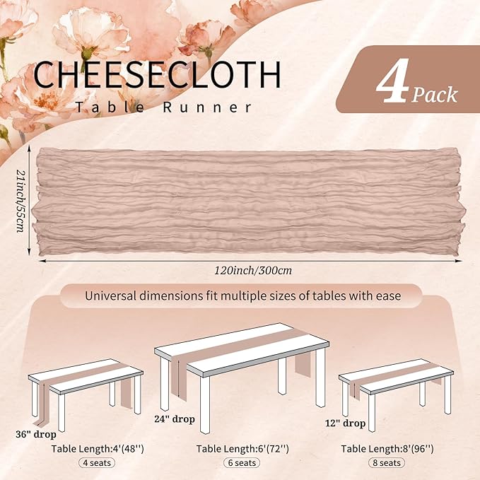 4 Pack Cheesecloth Table Runner 10FT Dusty Pink Table Runner Boho Gauze Cheese Cloth Table Runners Long Rustic Sheer Table Decorations for Wedding Party Baby Bridal Shower Birthday Holiday Home