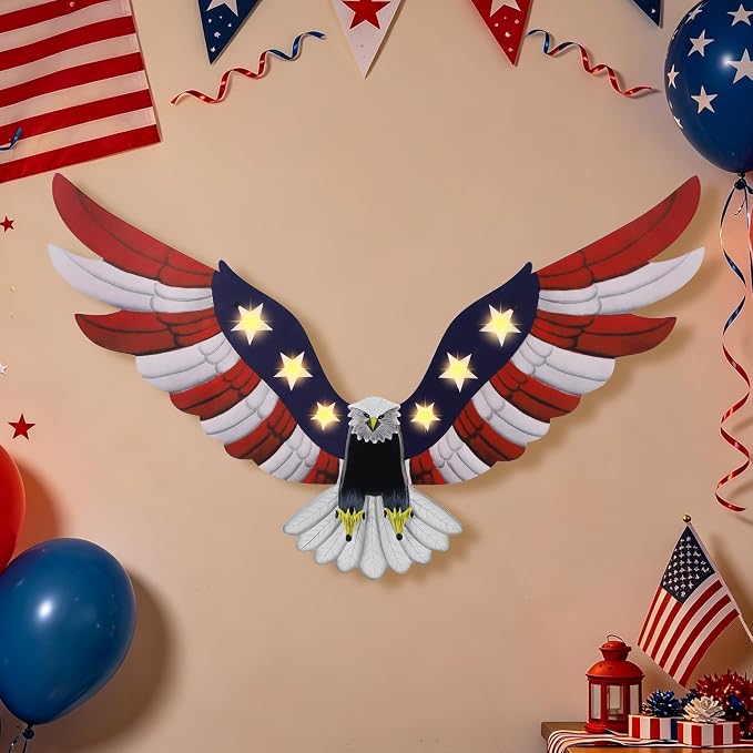Adroiteet Lighted American Eagle 4th of July 250th Decorations Outdoor with Timer LED Lights Patriotic Metal Wall Art for Golf Cart Indoor Front Door American Flag Eagle Decor, 23.6" x 15.7"