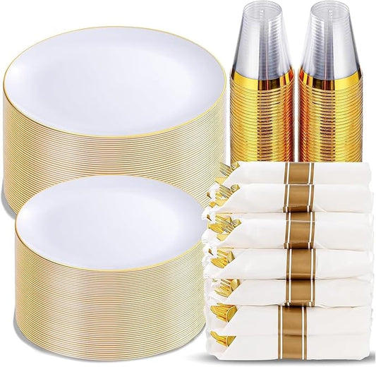 KIRE 350 PCS White and Gold Plates Disposable - Elegant Dinnerware Set of 50 Guest, White Plastic Plates With Gold Rim, Pre Rolled Napkins with Silverware & Cups for Party/Wedding/Mother's Day