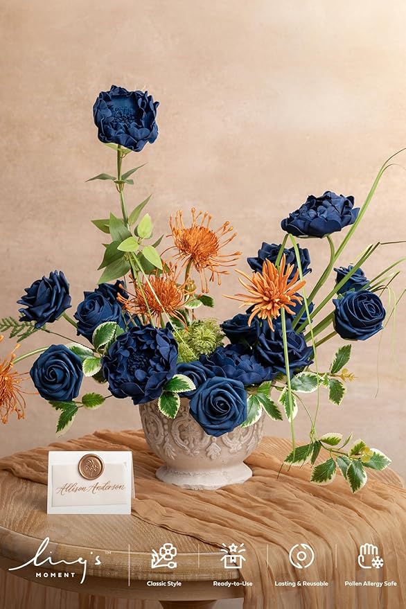 Ling's moment Artificial Flowers Fake Roses Faux Foam Peony Combo for DIY Wedding Bouquets Centerpieces Arrangements Bridal Shower Party Home Decorations, Navy Blue, 24pcs
