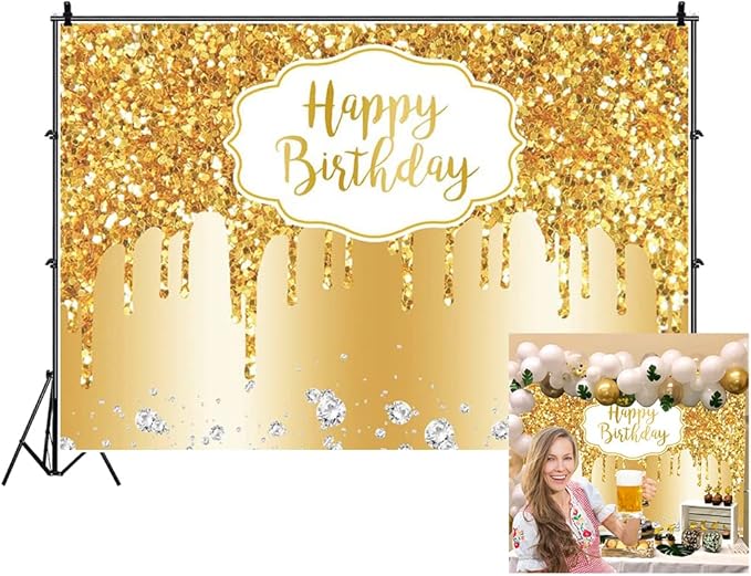 Baocicco 7x5ft Gold Happy Birthday Backdrop Modern Luxury Glitter Diamond Photography Background for Women Girls Sweet Princess Birthday Party Bridal Shower Decor Banner Supplies Photo Booth Props