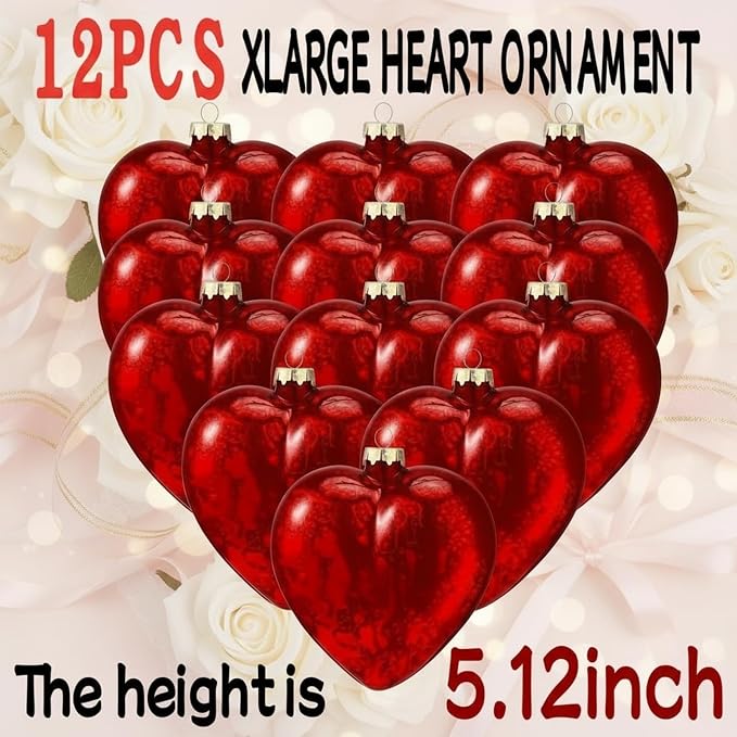 RattanView 12 Pack Red 5.12 inch Large Valentine Hanging Glass Hearts Valentine Heart Glass Ornament Heart Shaped Ornament Shiny Antique Romantic Love Shaped for Anniversary Wedding Hanging Tree Decor
