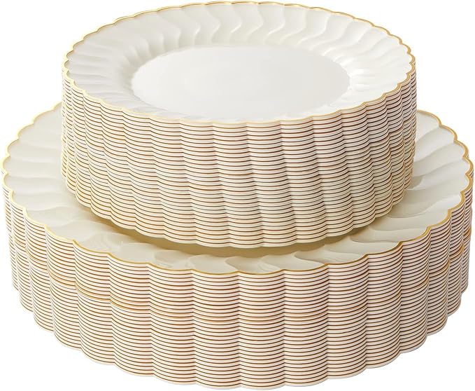 Lullaby 96PCS Ivory Scalloped Plastic Plates with Gold Rim, Disposable Elegant Plates Include 48pcs Dinner Plate 10.25", 48pcs Dessert Plate 7.5", Perfect for Daily Use, Wedding and Party