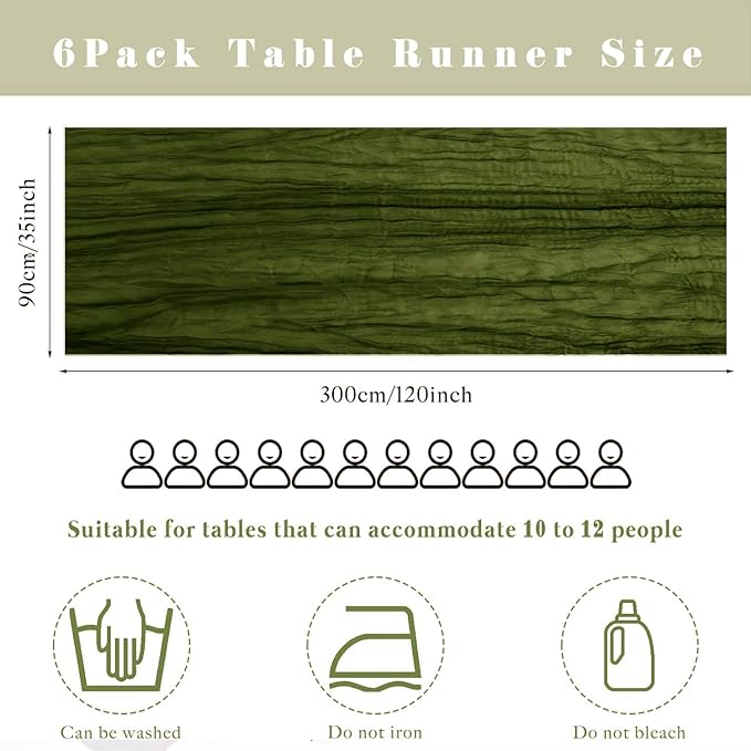 6 Pieces 10FT Olive Green Cheesecloth Table Runner Boho Gauze Fabric Runner for Tables Rustic Sheer Runner for Wedding Bridal Shower Birthday Holiday Party Table Arbor Decor (35 x 120 Inches Long)