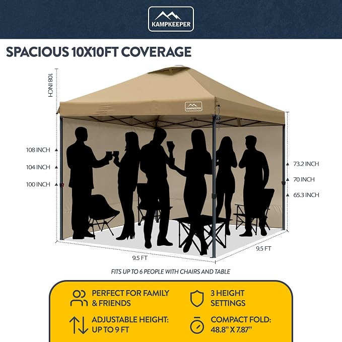 KAMPKEEPER 10x10 Pop-Up Canopy Tent, Waterproof, Portable Shade with Side Walls, Adjustable Instant Outdoor Shelter for Camping, Backyard, and Events, Khaki