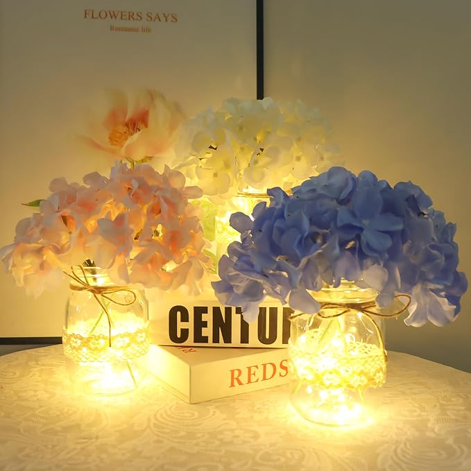 Mason Jar Table Centerpiece Set of 6 with Lights Blue Hydrangea artificial Flowers for Engagement Party Bridal Shower Centerpieces Wedding Christmas Thanksgiving Party Reception Table Decor