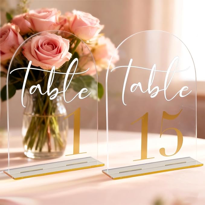 Arch Wedding Numbers 1–15 with Stands – Clear Acrylic Signs with Gold Text, Double-Sided 7x5 inch for Wedding Receptions, Parties, Anniversaries, Events
