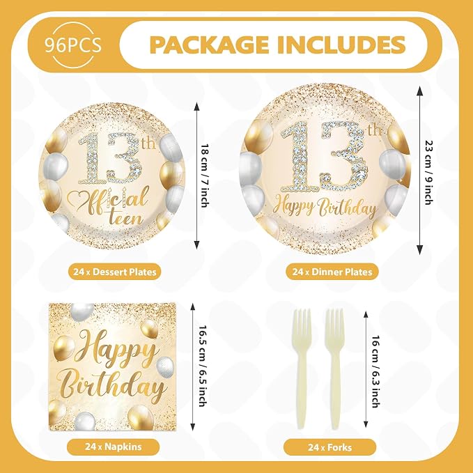 96Pcs Happy 13th Birthday Decorations Official 13 Teen Plates and Napkins Tableware Set White and Gold Glitter Thirteen Birthday Decorations for Girls 13 Years Old Birthdays Party Supplies Serves 24
