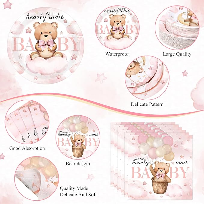 Funnymoom 452 Pcs 50 Guests We Can Bearly Wait Baby Shower Decorations Girl, Blue Baby Girl Shower Paper Plates Napkins Cups Tablecloth Cutlery Straws Tableware Set for Gender Reveal Party Supplies