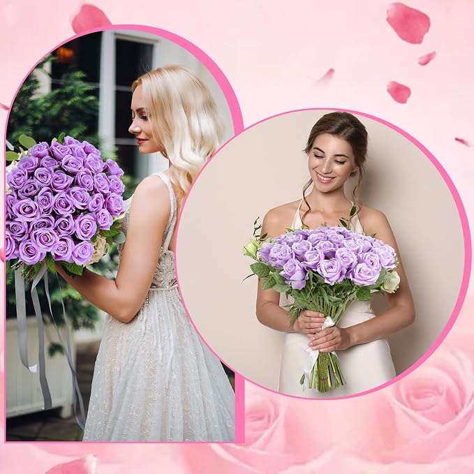36 Pcs Silk Purple Rose Bouquet Bridal Artificial Flowers,Fake Rose Long Stem Realistic Artificial Flowers Bulk for Wedding Bouquet Ball Arrangement Centerpiece Party Decor