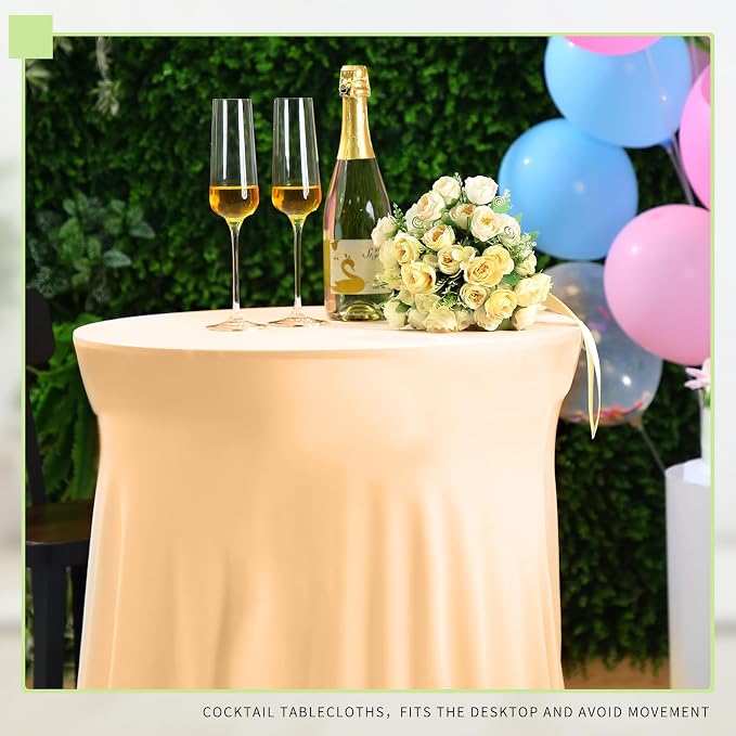 Tegeme 4 Packs Round Spandex Cocktail Tablecloths with Skirt 32 x 43 Inch Cocktail Round Table Cover Spandex Stretch Square Tablecloth Skirt for Table Bar Wedding Party Banquet (Champagne)