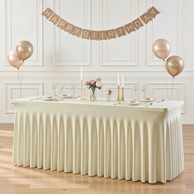 4 Pack 6ft Beige Spandex Tablecloths for Rectangle Tables Wrinkle Free Beige Rectangle Table Cloth Stretch Fitted Table Cover with Skirt for Wedding Birthday Party Banquet Baby Shower Buffet Event