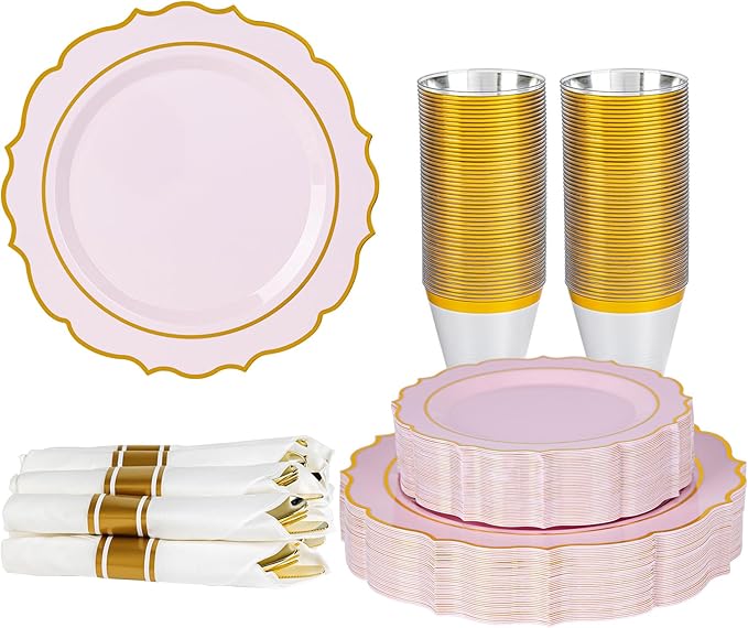 350PCS Pink Plastic Plates, Gold Plastic Dinnerware Sets for 50 Guests, Include 100 Disposable Plates, 50 Cups and 50 Pre Rolled Napkins for Mother's Day, Party and Wedding