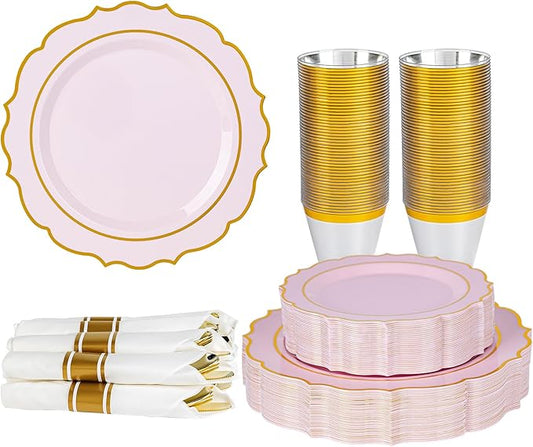 350PCS Pink Plastic Plates, Gold Plastic Dinnerware Sets for 50 Guests, Include 100 Disposable Plates, 50 Cups and 50 Pre Rolled Napkins for Mother's Day, Party and Wedding