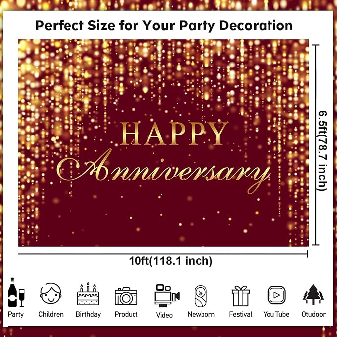 Sensfun Happy Anniversary Backdrop Burgundy Gold Glitter Marriage Wedding Party Decorations Banner Shining Flowing Curtain Happily Ever After Anniversary Sign Photography Background 10x6.5ft