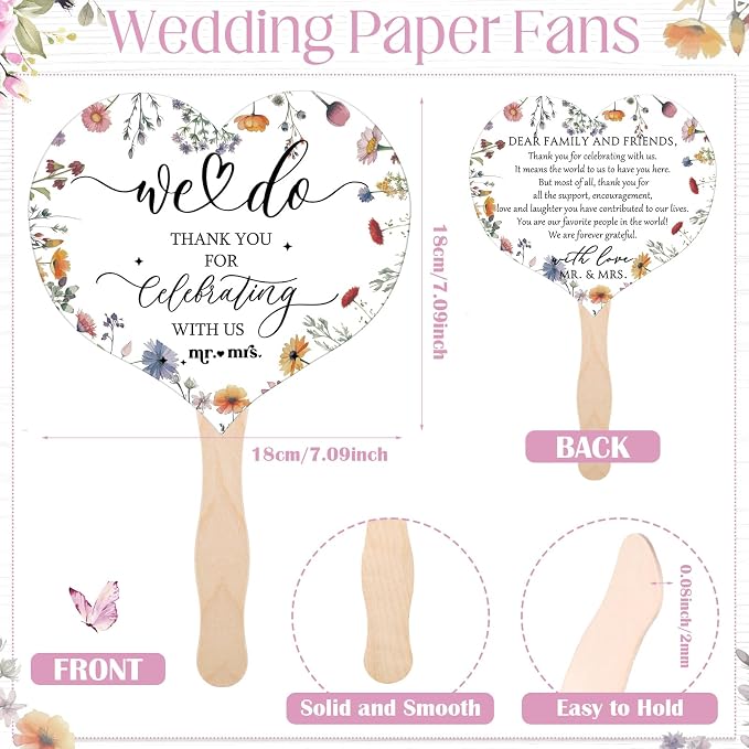 51 Pcs Wedding Fans for Guests Wedding Favor Paper Fans with Handle Bulk Table Sign for Ceremony Bridal Party Decoration(White,Wildflower)