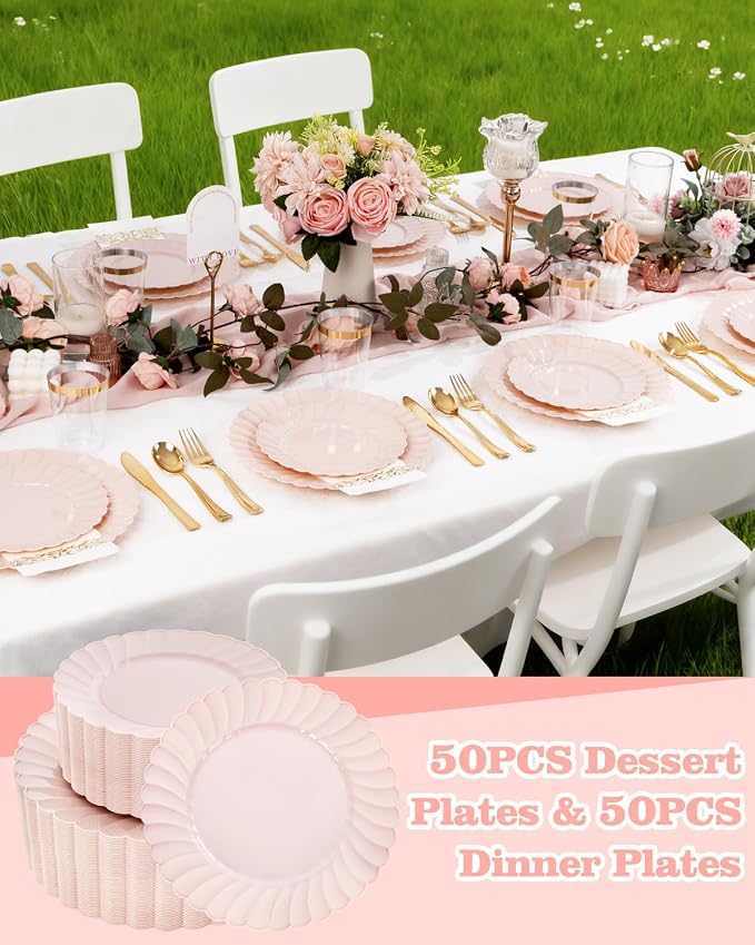YOUBET 100PCS Pink Scalloped Plastic Plates - Heavy Duty Pink Disposable Fancy Hard Plates Include 50 Dinner Plate, 50 Dessert Plate, for Wedding & Party