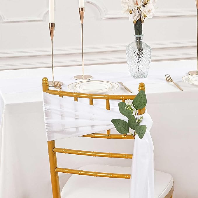 QueenDream White Chair Sashes Wedding: 16 Pieces Long Sheer Wedding Aisle Chair Decorations Tulle Chairs Covers with Artificial Eucalyptus