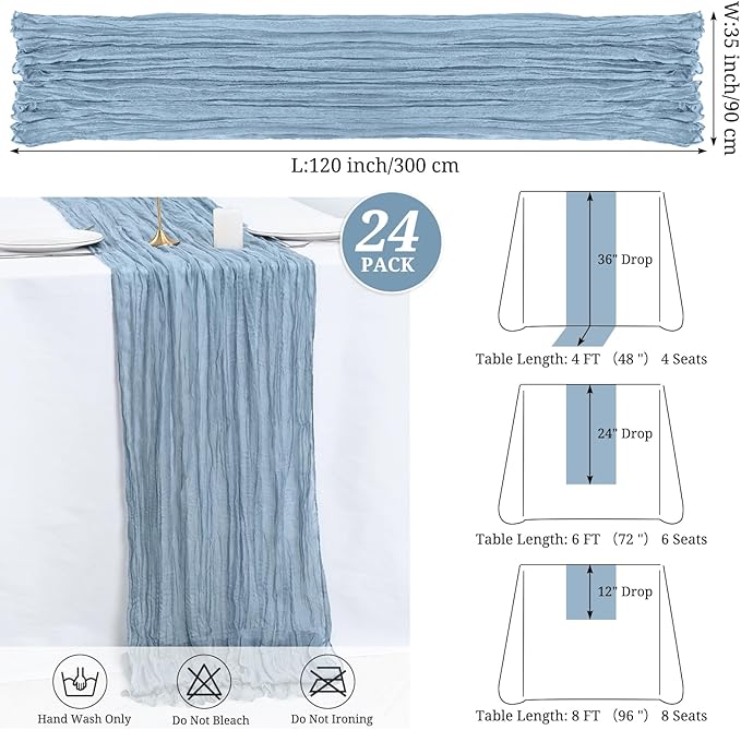 24 Pack Dusty Blue Cheesecloth Table Runner,10FT Boho Gauze Table Runners,35 x 120 inch Rustic Long Sheer Fabric Cheese Cloth Table Runner for Wedding Party Bridal Shower Christmas Decorations