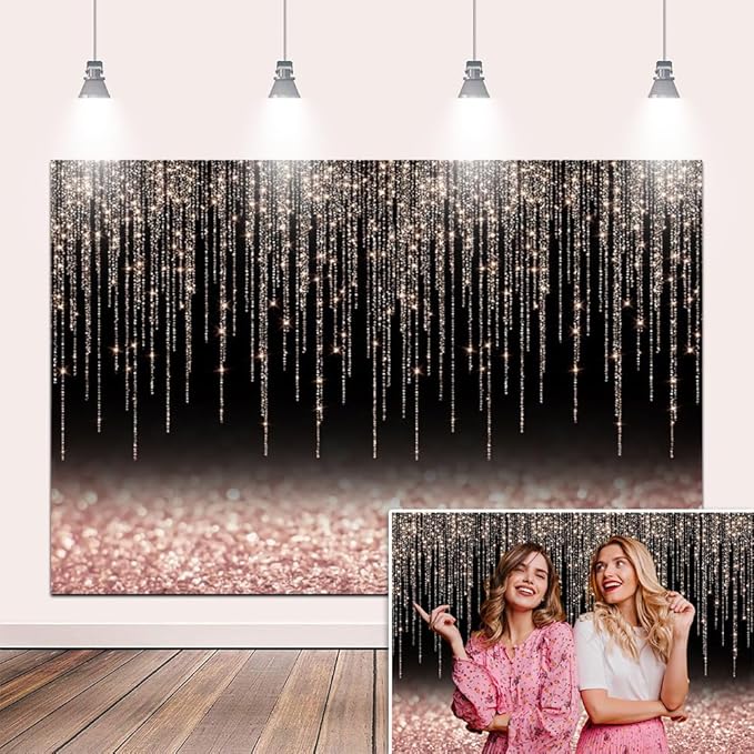 10x7ft Rose Gold Black Glitter Backdrop Rose Gold Pink Black Bokeh Sparkle Sequin Birthday Party Background for Women Girls Graduation Anniversary Baby Shower Banner Kids Portraits Props