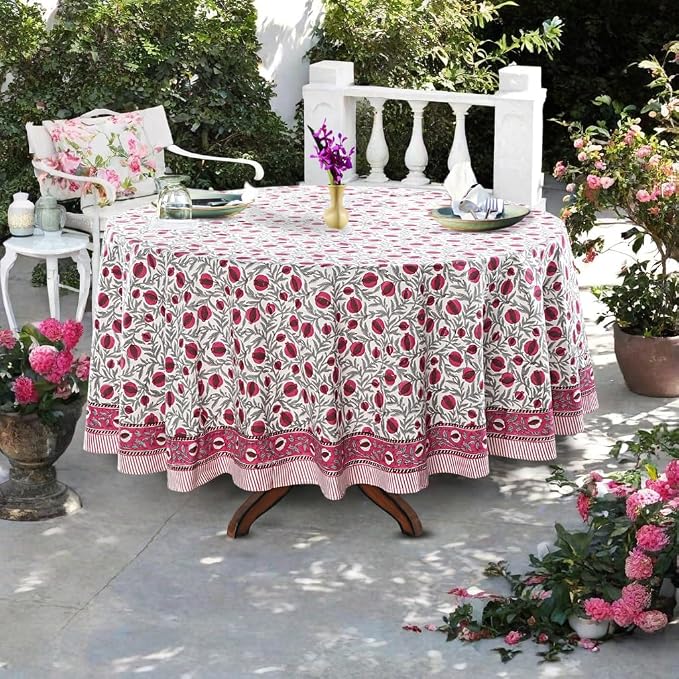 Ridhi Round Tablecloth Hand Block Print 100% Cotton Reusable Sangria Red 132 Inch Table Cover Decorative Everyday Use for Dining, Home, Party, Wedding, Farmhouse, Party Gift for Spring, Mother's Day