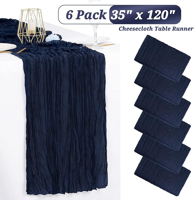 6 Pack Navy Blue Cheesecloth Table Runner 35x120 Inch Long Semi-Sheer Gauze Table Runner 10FT Boho or Rustic Wedding Table Decor for Wedding Decor Arch Draping Bridal Shower Holiday Party