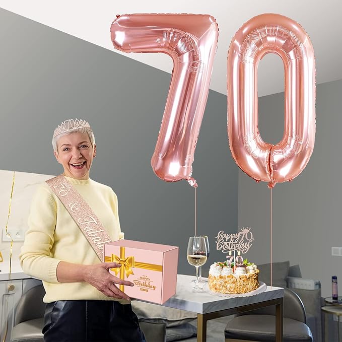 70th Birthday Decorations for Women, Including 70th Birthday Sash and Tiara, Cake Topper and Candles, Number Balloons, 70 Year Old Gifts Women