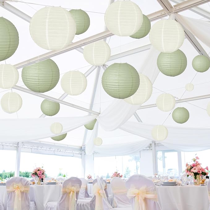 20Pcs Paper Lanterns Decorative, Sage Green and Ivory Round Hanging Paper Lanterns Decorations for Rustic Party Bridal Shower Wedding Birthday Home Decor