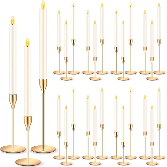 FillTouch 30 Pcs Gold Candlestick Holders with Flameless LED Candles Bulk Includes 15 Metal Candle Holders 15 Ivory Battery Operated Taper Candles for Wedding Valentines Table Centerpieces Home Decor