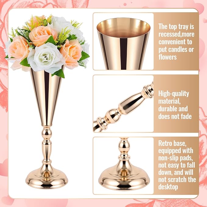 Boao 12 Pcs Gold Vase Flower Wedding Centerpieces for Tables, 16.5'' 14'' 10'' Metal Trumpet Vases for Centerpieces Table Decorations for Wedding Anniversary Ceremony Party Birthday Reception Decor