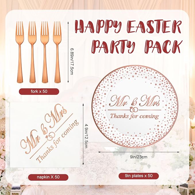 150 Pcs Bridal Shower Rose Gold Party Supplies Napkins Plates Forks Tableware Disposable Dinnerware Set for Bridal Shower Wedding Engagement Bachelorette Party Decorations (Mr and Mrs Style)