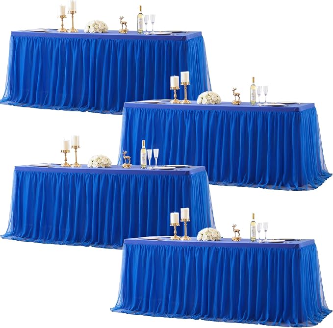 Royal Blue Fitted Tablecloth Rectangle 6 Foot Stretch Elastic Tulle Ruffle Tablecloths Rectangular Spandex Table Covers 6ft Birthday Baby Shower Wedding Party Table Cloths with Skirt 4Pack