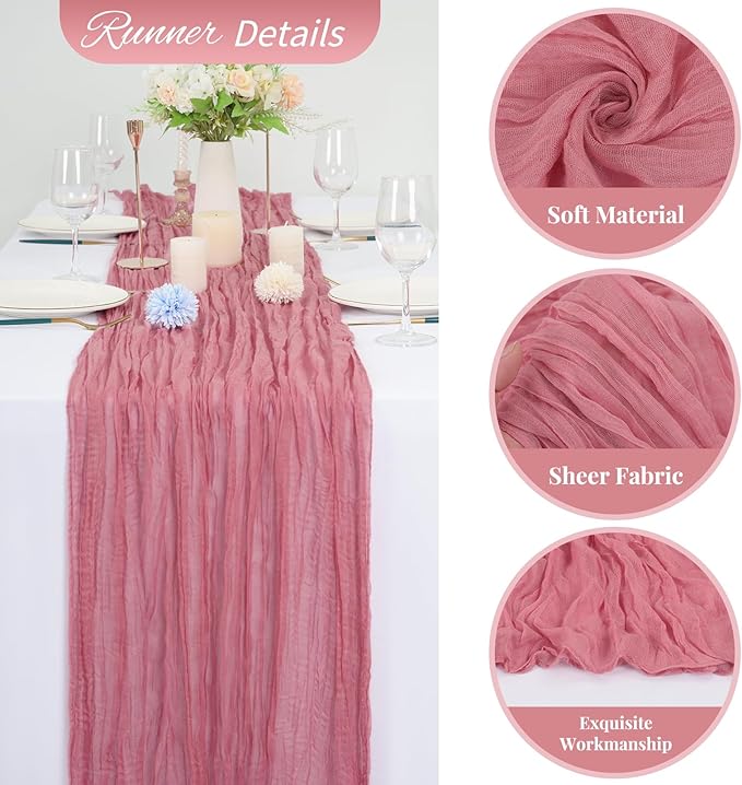 10 Pack Dusty Rose Cheesecloth Table Runner 10FT Boho Romantic Gauze Table Runner 20 x 120 Inch Rustic Sheer Runner for Wedding Party Bridal Shower Thanksgiving Christmas Decoration