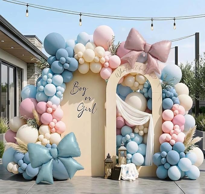 Double Stuffed Gender Reveal Balloon Arch Garland Kit 2 Large Foil Bow Balloons,Pink Blue Ivory Pastel Party Balloon for He or She, Boho Baby Shower,1st Birthday