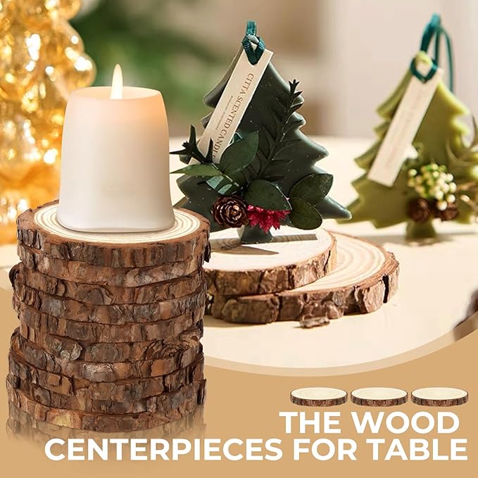 FSWCCK 10 PCS Unfinished Wood Slices for Centerpieces-Round Natural Discs with Tree Bark, Wooden Cookies Circles for Crafts Christmas Ornaments, Rustic Wedding Decor,Table Decoration (4"- 4 .7")