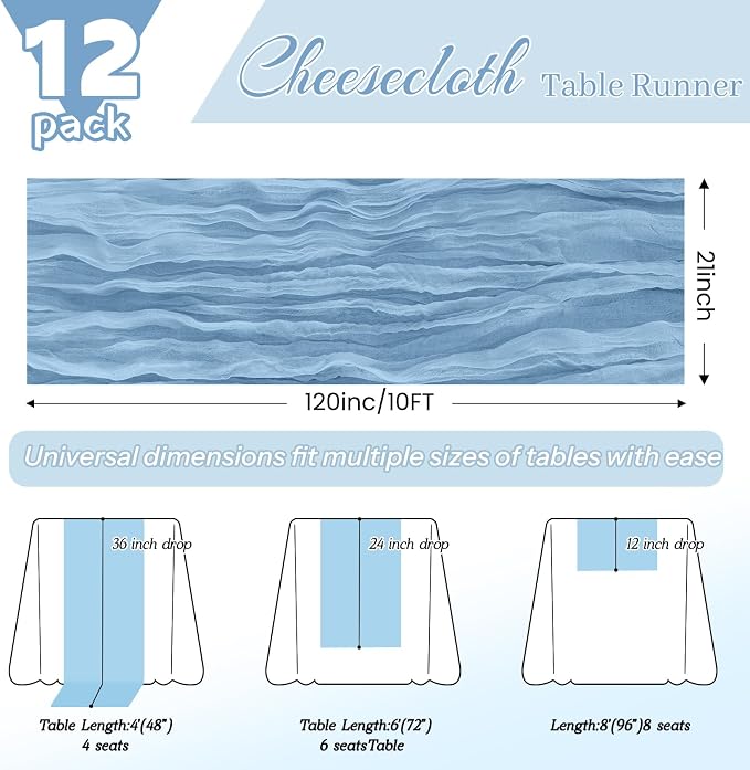12 Pack Light Blue Cheesecloth Table Runner 21x120 Inches, Boho Gauze Rustic Semi Sheer Cheese Cloth Table Runners for Easter Wedding Bridal Baby Shower, Birthday Party, Long Farmhouse Table Decor