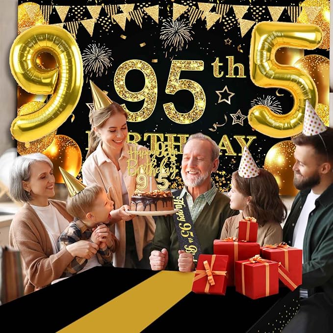 95th Birthday Party Decorations with 95th Birthday Banner, Black and Gold Table Cloth, Number Balloons, Large Sash, Cake Topper and Candles